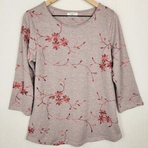 Sapphire Floral Knit Top Womens M Gray Red Embroidered 3/4 Sleeve Cottagecore